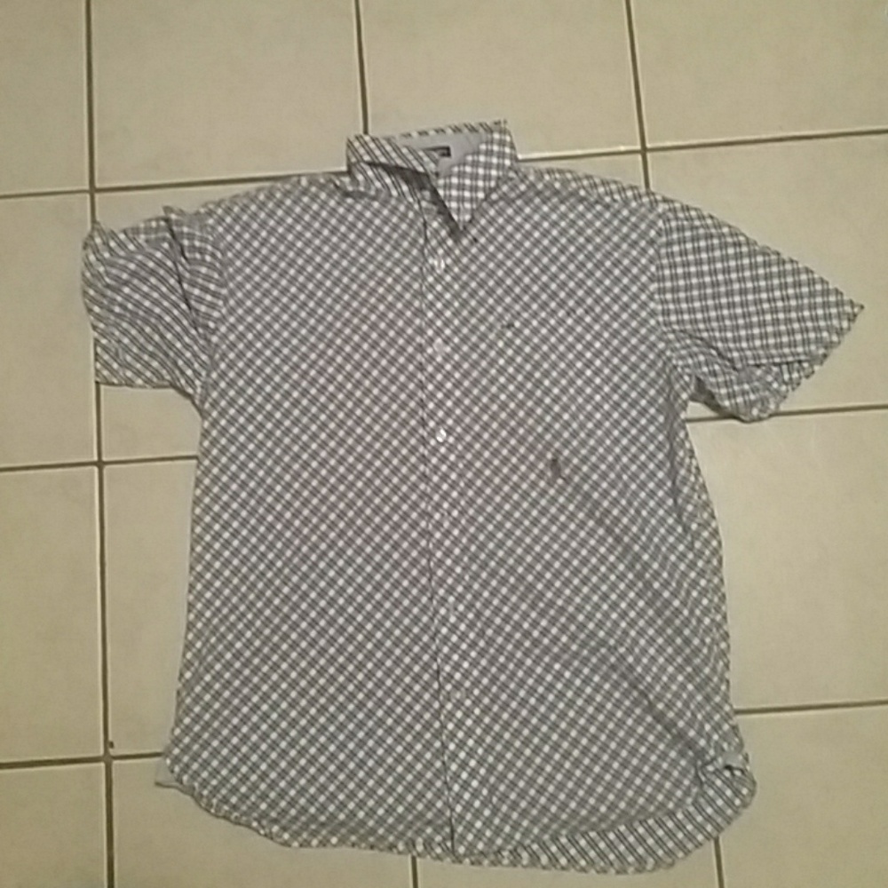 Blue/white plaid shirt //|missing 3 buttons